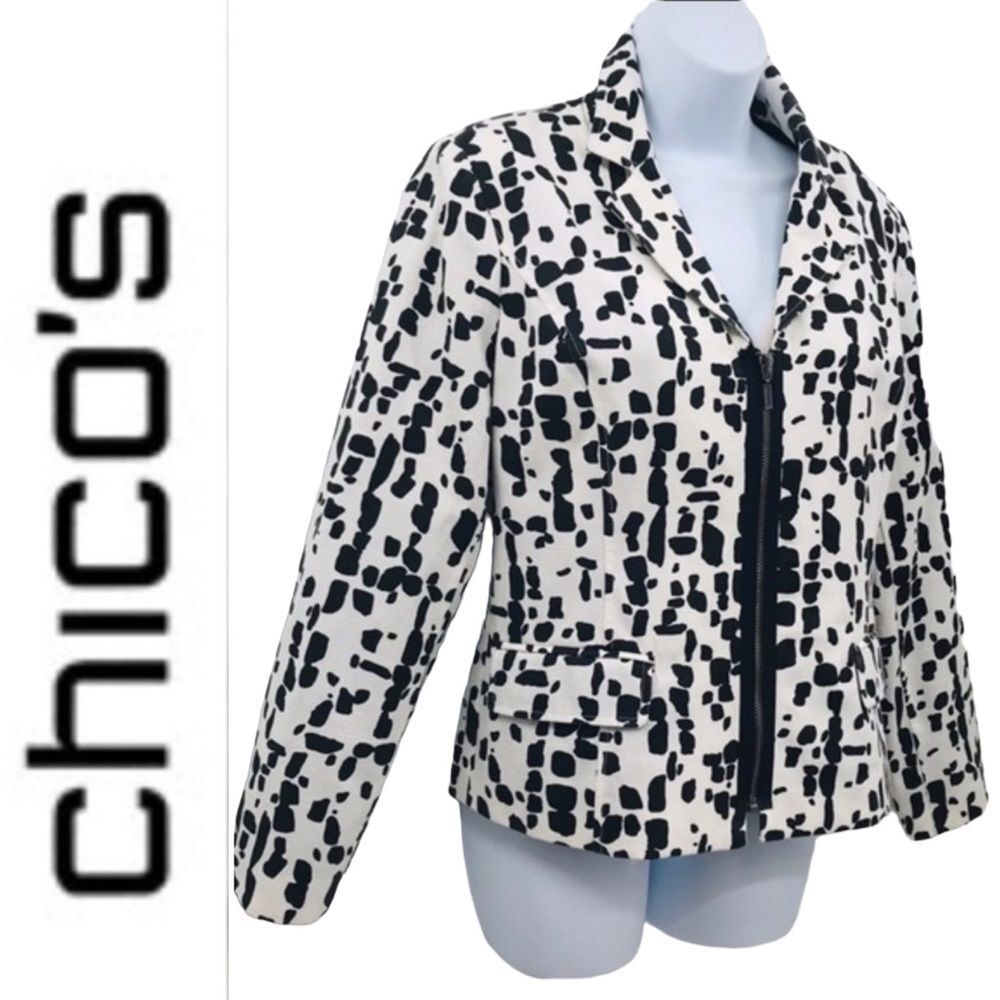 Chico’s Black and White Full Zipper Lined Jacket Sz. M/8